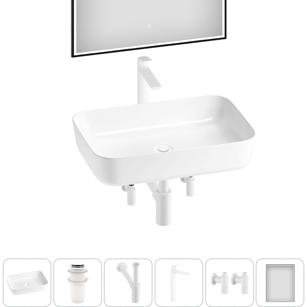 Изображение товара Набор Wellsee 6 в 1 Preen накладная раковина 60x42 см с смесителем и зеркалом