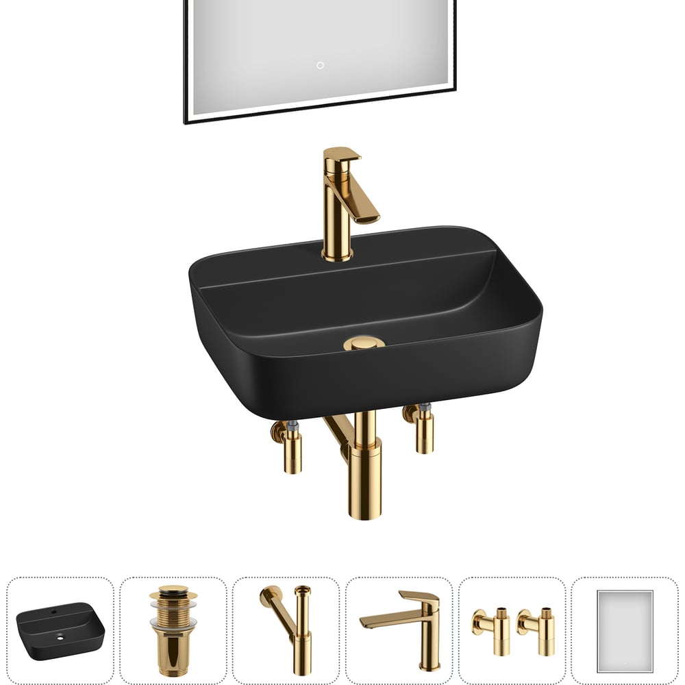 Изображение товара Набор для ванной Wellsee 6 в 1 Preen накладная раковина с зеркалом и смесителем