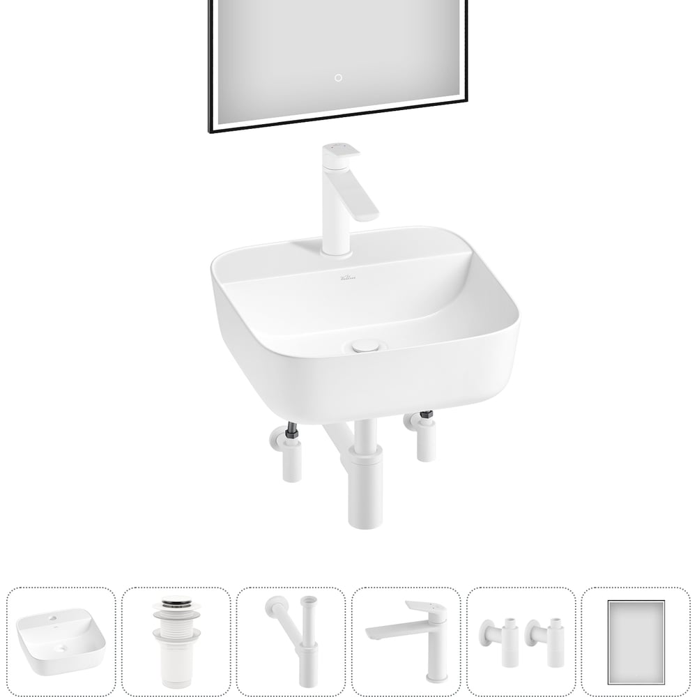 Изображение товара Набор для ванной Wellsee 6 в 1 Preen накладная раковина 40x40 см с смесителем зеркалом и аксессуара