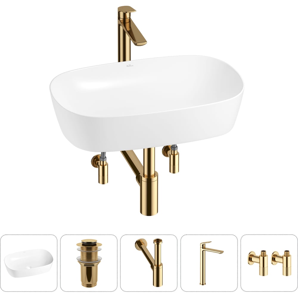 Изображение товара Набор для раковины Wellsee 5 в 1 Ground Breaking накладная 61x39 см белый фарфор