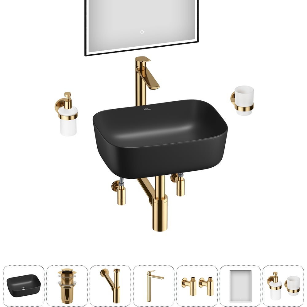 Изображение товара Набор для ванной комнаты Wellsee 7 в 1 Preen с раковиной, смесителем и аксессуарами