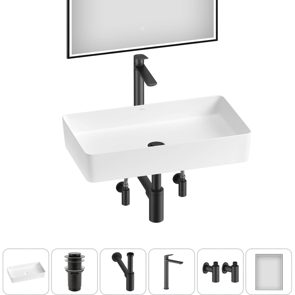 Изображение товара Акционный набор Wellsee 6 в FreeDom 2.0 накладная раковина 60x34 см с смесителем и зеркалом