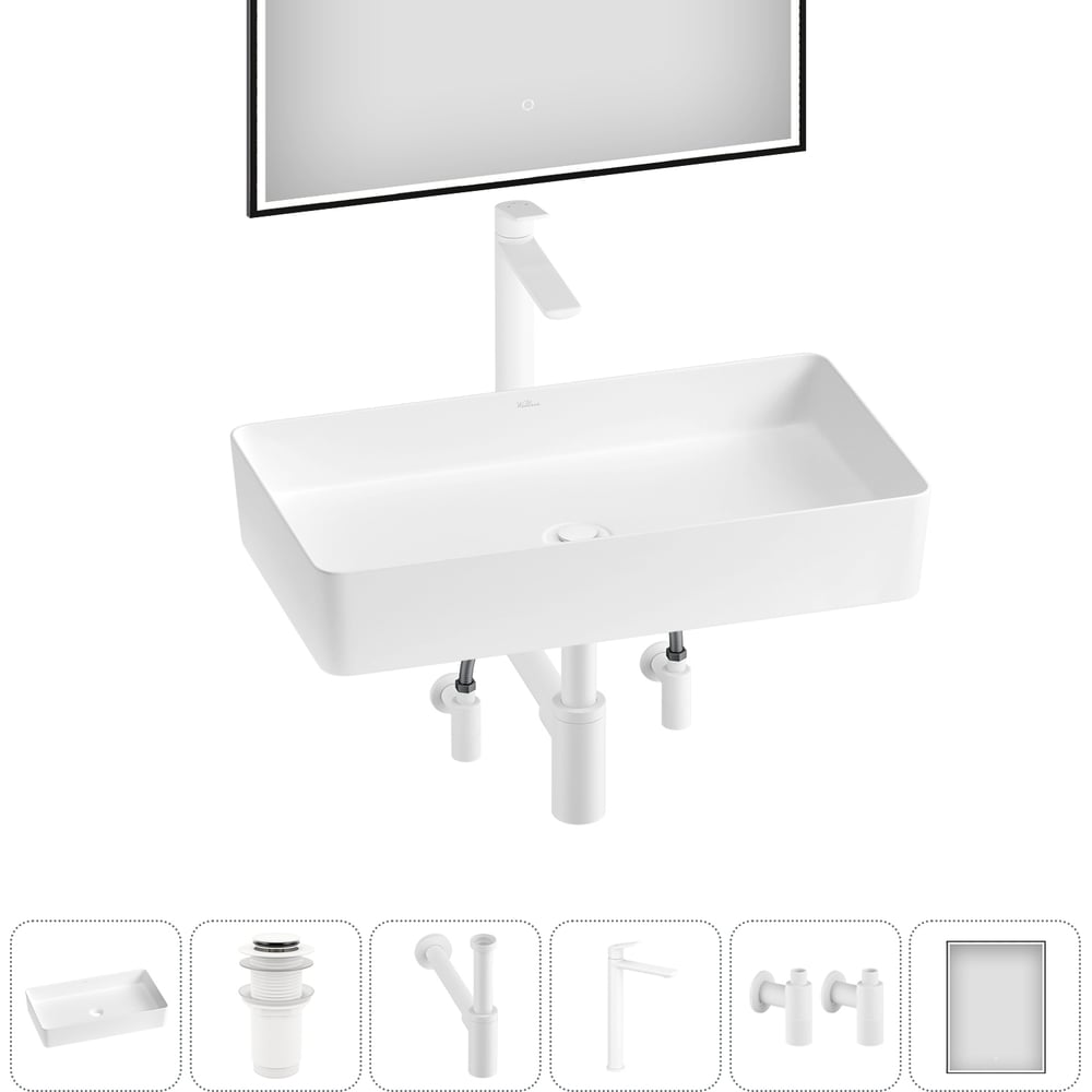 Изображение товара Акционный набор Wellsee 6 в FreeDom 2.0 накладная раковина 60x34 см с смесителем и зеркалом