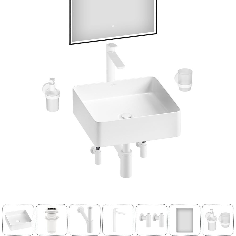 Изображение товара Набор для ванной комнаты Wellsee 7 в FreeDom 2.0 накладная раковина 30x30 см с смесителем и аксессу