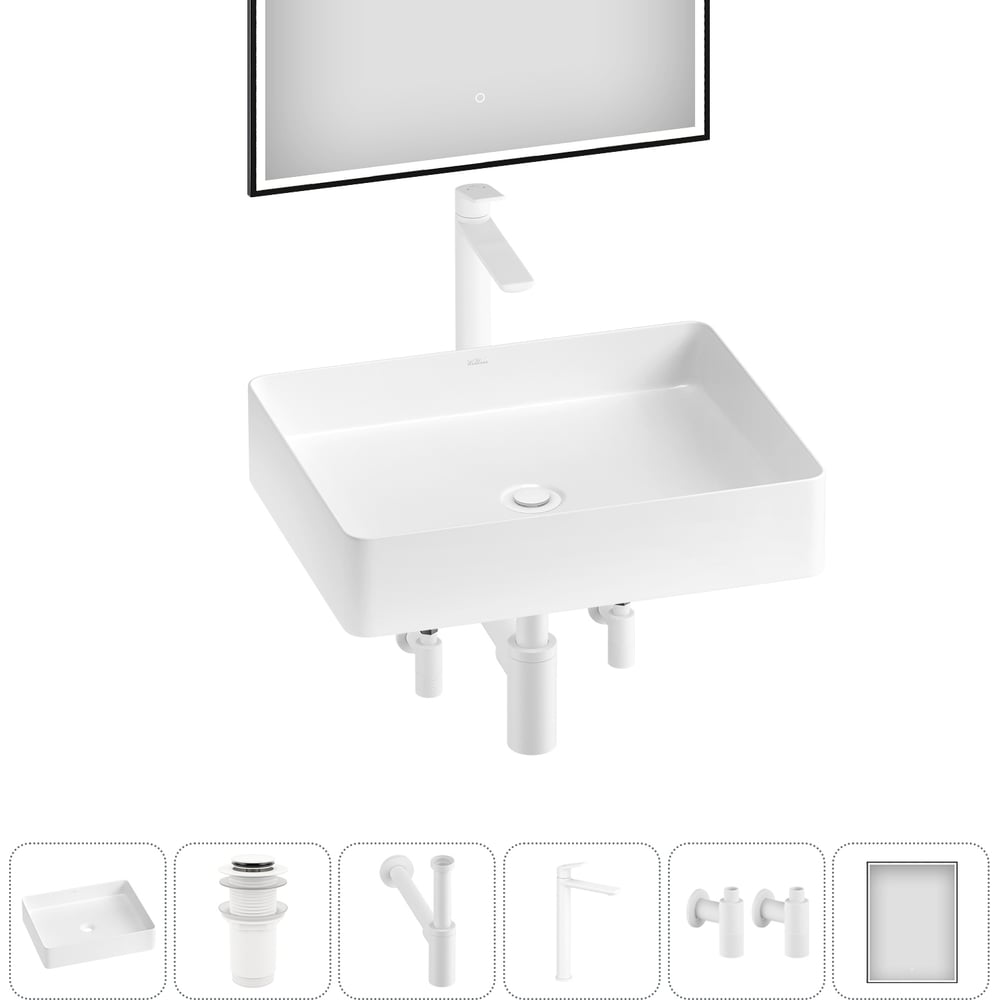 Изображение товара Набор для ванной комнаты Wellsee 6 в FreeDom 2.0 накладная раковина и смеситель белый