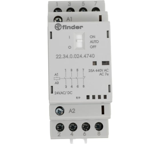 Изображение товара Модульный контактор Finder 3НО+1НЗ, контакта 25А, = 24В AC/DC, - AgSnO2, 223400244740