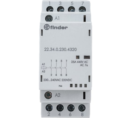 Изображение товара Модульный контактор Finder 4 NO, Механический индикатор + Светодиод Контакты AgSnO2, 223402304320