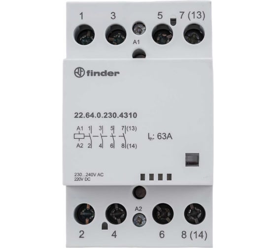 Изображение товара Модульный контактор Finder 4НО, контакта 63А, = 230В AC/DC, - AgSnO2, 226402304310