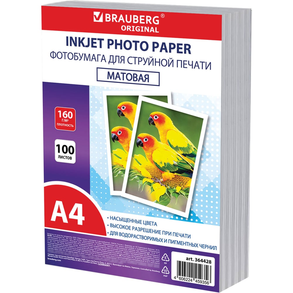 Изображение товара Фотобумага BRAUBERG матовая A4, 160 г/м2, 100 листов, односторонняя