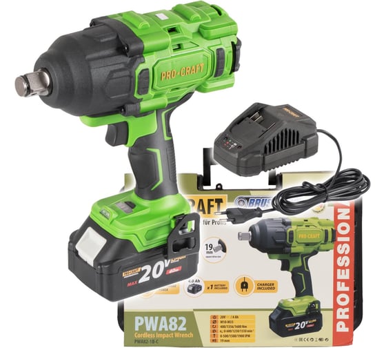 Изображение товара Гайковерт аккумуляторный PROCRAFT 20В 1600Нм 3/4 (АКБ + ЗУ) Кейс PWA82