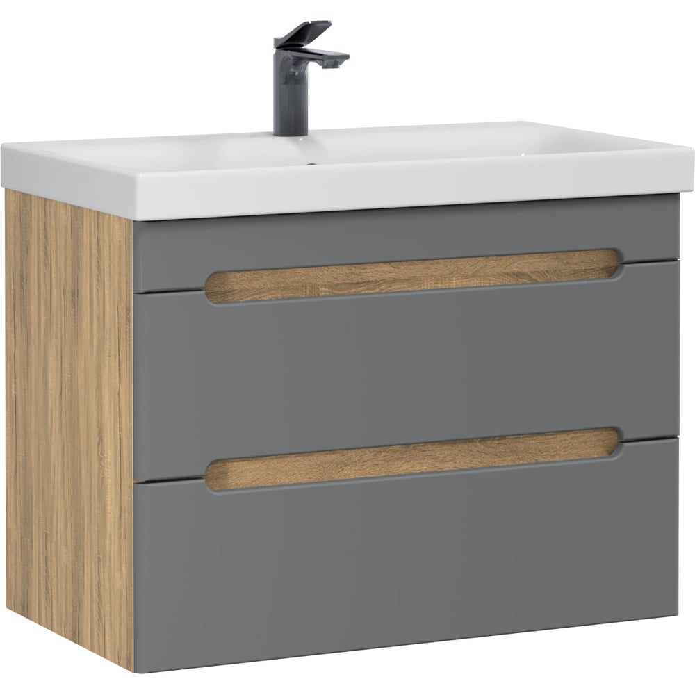 Изображение товара Тумба с раковиной RUVANN AQVI 80 + Moduo 80 в ванную подвесная Графит софт, дуб вотан Т.AQVI.П-80ПР-KIT-MOD