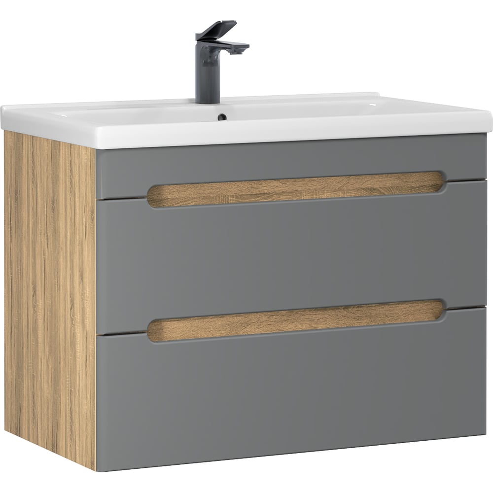 Изображение товара Тумба с раковиной RUVANN AQVI 70 + Миранда 70 в ванную подвесная Графит софт, дуб вотан Т.AQVI.П-70ПР-KIT-MIR
