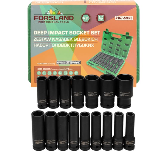 Изображение товара Набор головок ударных глубоких Forsage 16 предметов 1/2 6 граней Forsland-4167-5MPB(65459)