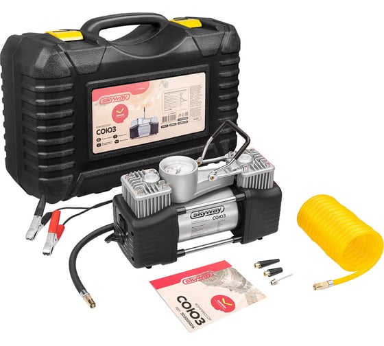 Изображение товара Компрессор металлический SKYWAY 60л/мин 2х поршневой с крокодилами СОЮЗ 10 АТМ, в кейсе S02001026