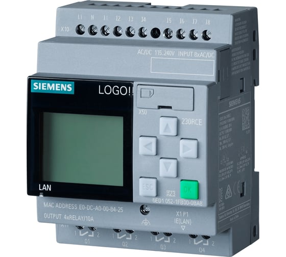 Изображение товара Микроконтроллер Siemens LOGO! 230RCE, 115В-230В, 8DI  4DO, с дисплеем 6ED10521FB080BA1 6ED1052-1FB08-0BA1