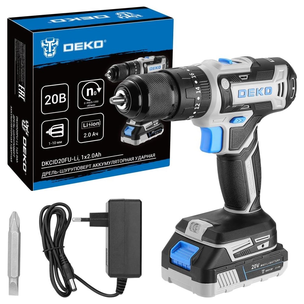 Изображение товара Дрель-шуруповерт аккумуляторная ударная DEKO DKCID20FU-Li, 20В, 1x2.0Ач 083-1119 Изображение товара Дрель-шуруповерт аккумуляторная ударная DEKO DKCID20FU-Li, 20В, 1x2.0Ач 083-1119