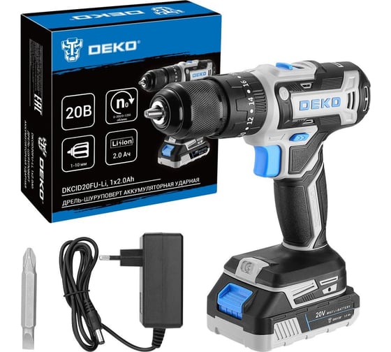 Изображение товара Дрель-шуруповерт аккумуляторная ударная DEKO DKCID20FU-Li, 20В, 1x2.0Ач 083-1119