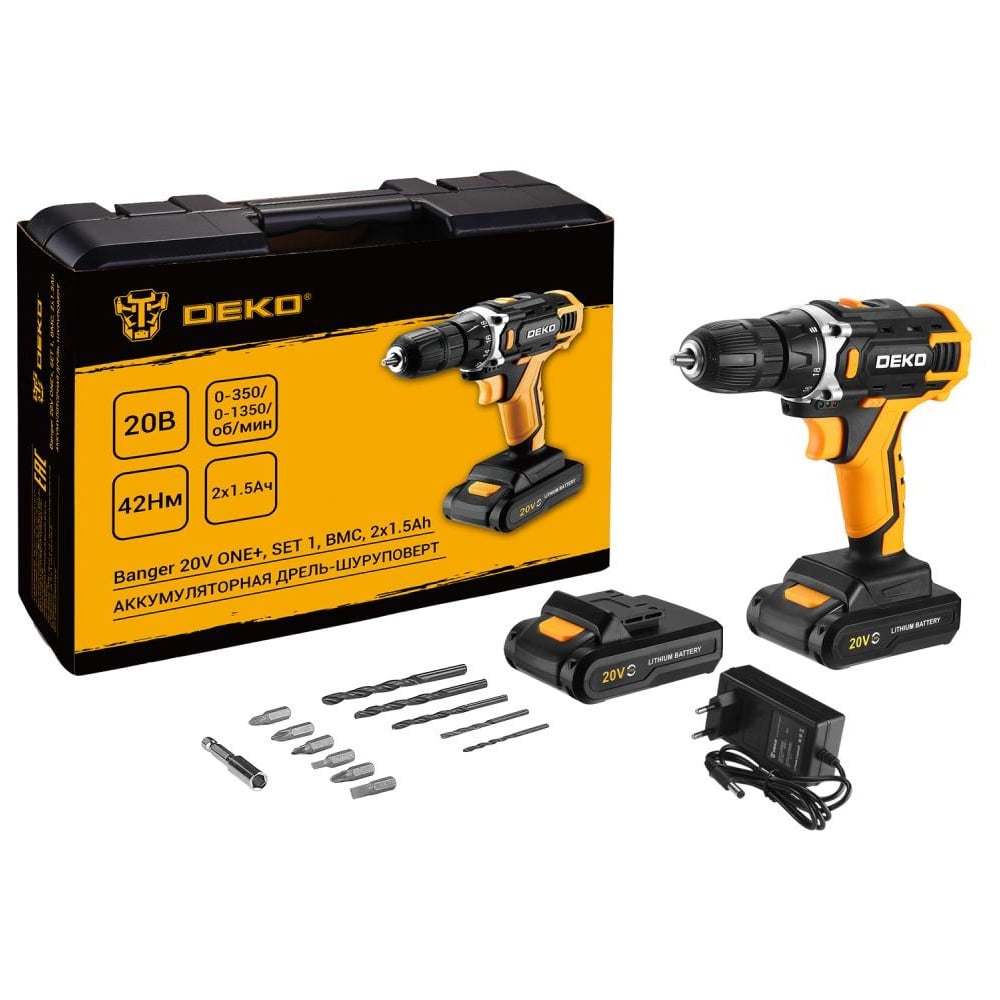 Изображение товара Аккумуляторная дрель-шуруповерт DEKO Banger 20V ONE+ SET1 в кейсе, 2x1.5Ач 083-1110