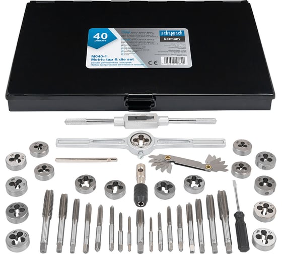 Изображение товара Набор метчиков и плашек метрический Scheppach 40 предметов (М3x0.5/0.6, М4x0.7/0.75, М5x0.8/0.9, М6x0.75/1, М7x0.75/1,М8x1/1.25, М10x1.25/1.5, М12x1.5/1.75) Sch-M040-1(64904)