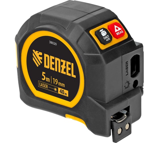 Изображение товара Лазерный дальномер с рулеткой Denzel LT-40, 5м x 19 мм, дальномер 40м, автомат. фиксация 38020
