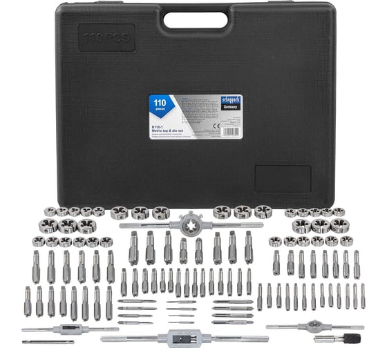 Изображение товара Набор метчиков и плашек Scheppach 110 предметов (2x0.4,3x0.5,4x0.7,5x0.8,6x0.75-1,8x0.75-1,25,9x0.75-1.25,10x0.75-1.5,11x0.75/1/1.25/1.5, 12x0.75-1.75,14x1-2,16x1-2,18x1.5) Sch-B110-1(64908)
