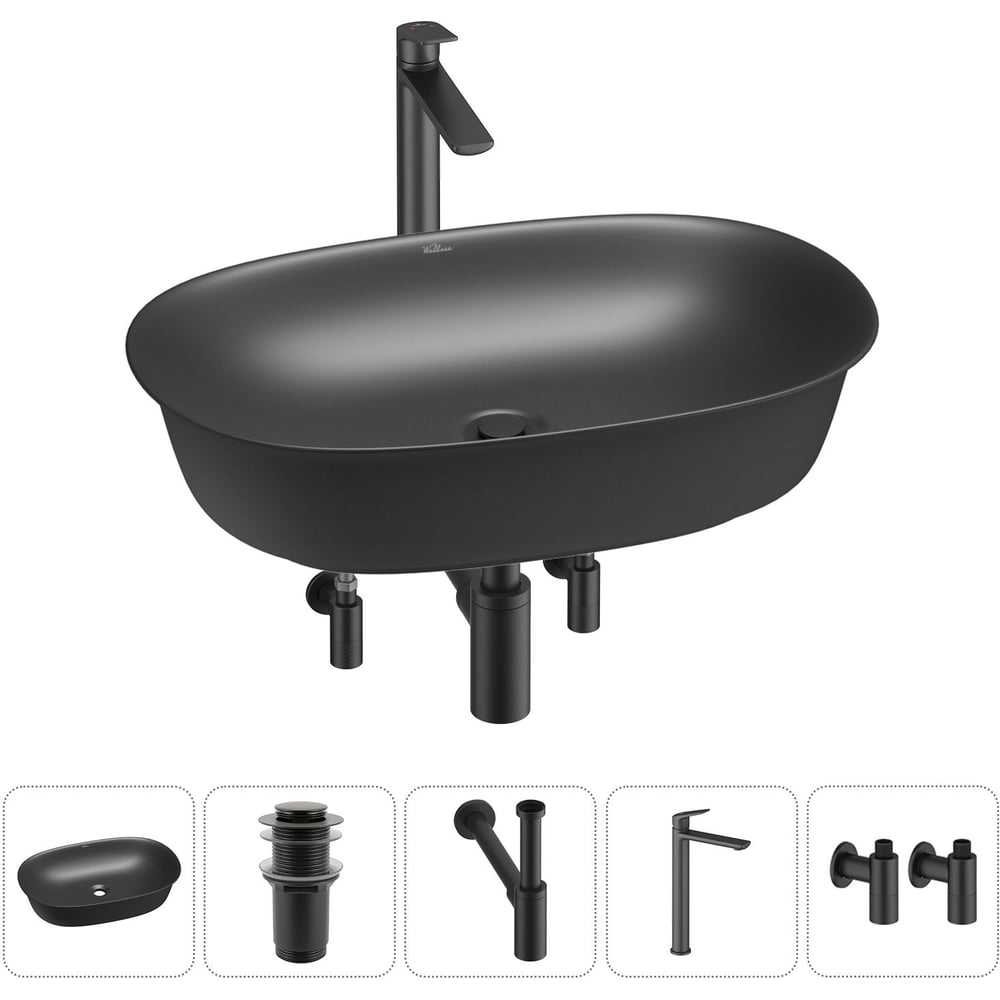 Изображение товара Набор для ванной комнаты Wellsee 5 в 1 Brillant iCon накладная раковина 60x40 см черный матовый
