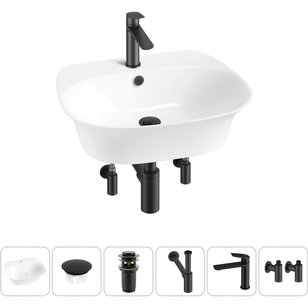 Изображение товара Набор раковина с смесителем Wellsee 6 в 1 Excellence Pro 50x46 см современный белый