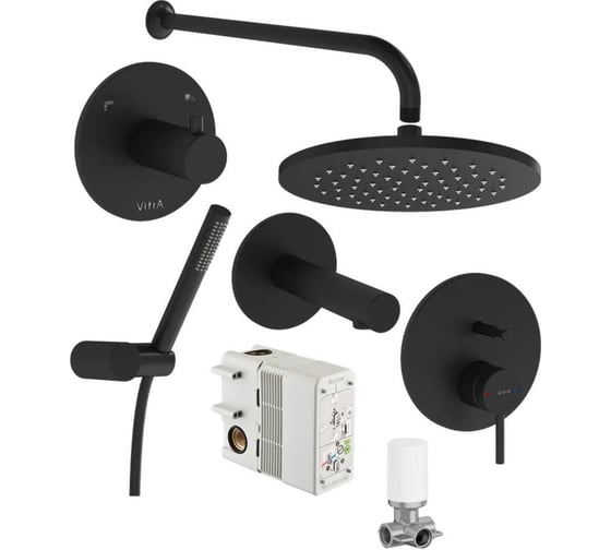 Изображение товара Набор встроенной душевой системы Vitra Origin на 3 направления, матовый черный (верхняя лейка, излив, ручной душ, смеситель встроенный внешняя и внутренняя часть) A49284EXP
