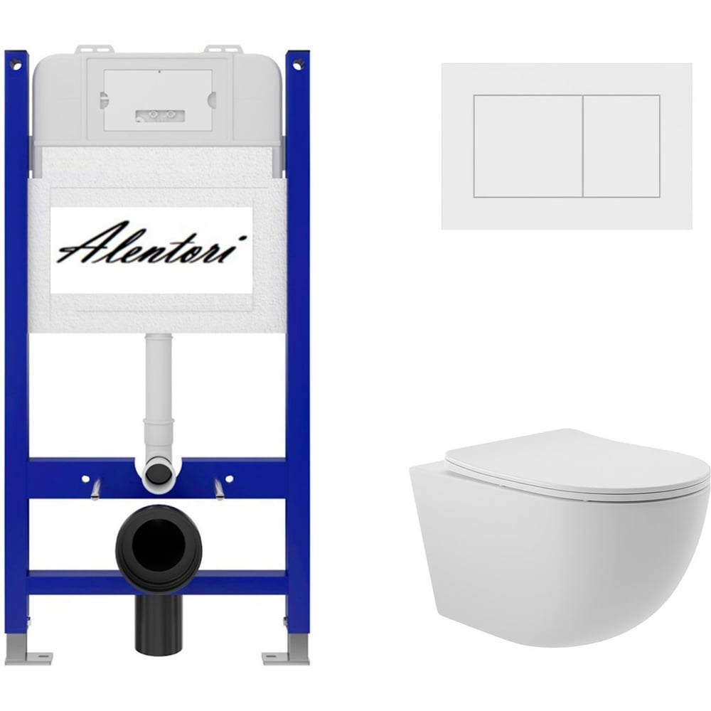 Изображение товара Комплект Alentori: инсталляция для унитаза SISTEMA 50 AL.SIS33T с клавишей смыва CHIAVE A, белый матовый AL.CHI020WM + унитаз 525x360 безободковый, Soft-Close, белый матовый, форма овал AL.SIS33TAL.CHI020WMO0120