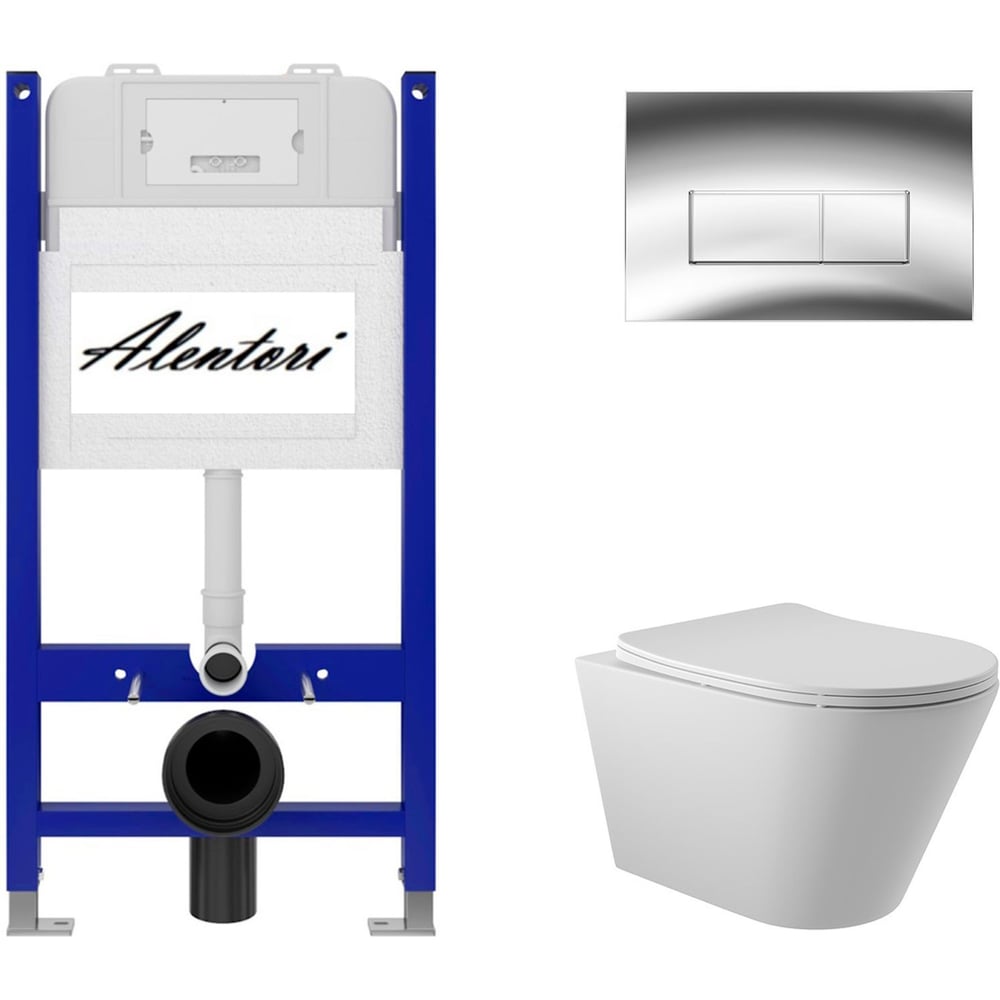 Изображение товара Комплект Alentori: инсталляция для унитаза SISTEMA 50 AL.SIS33T с клавишей смыва CHIAVE H, хром глянец AL.CHI202CH + унитаз 525x360 безободковый, Soft-Close, белый матовый, форма конус AL.SIS33TAL.CHI202CHC0120