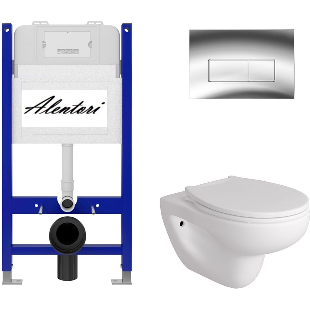 Изображение товара Комплект Alentori: инсталляция для унитаза SISTEMA 50 AL.SIS33T с клавишей смыва CHIAVE H, хром глянец + FLUIRE 901 унитаз безободковый, сиденье с микролифтом, белый AL.SIS33TAL.CHI202CHAL.FLU40901.W