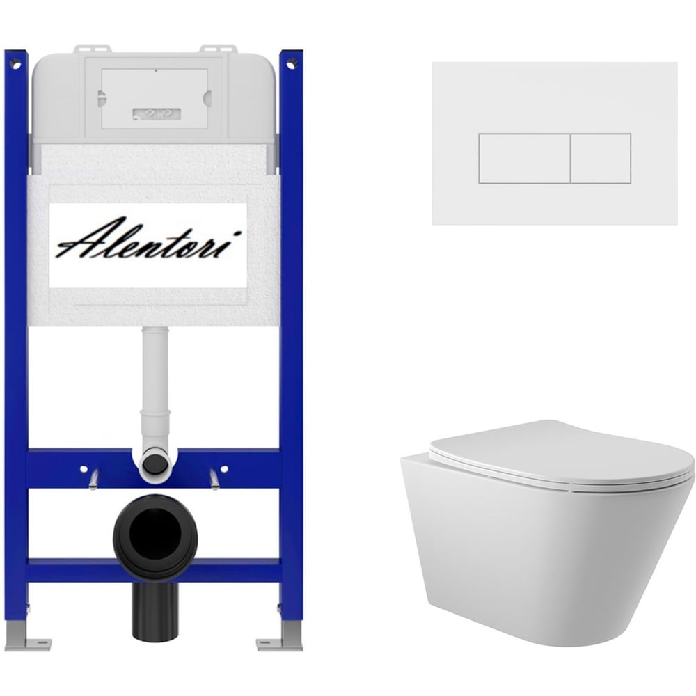 Изображение товара Комплект Alentori: инсталляция для унитаза SISTEMA 50 AL.SIS33T с клавишей смыва CHIAVE H, белый матовый AL.CHI018WM + унитаз 525x360 безободковый, Soft-Close, белый матовый, форма конус AL.SIS33TAL.CHI018WMC0120