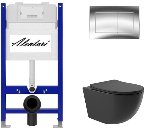 Изображение товара Комплект Alentori: инсталляция для унитаза SISTEMA 50 AL.SIS33T с клавишей смыва CHIAVE A, хром глянец AL.CHI012CH + унитаз 525x360 безободковый, Soft-Close, черный матовый, форма овал AL.SIS33TAL.CHI012CHO0140