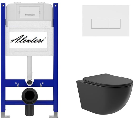 Изображение товара Комплект Alentori: инсталляция для унитаза SISTEMA 50 AL.SIS33T с клавишей смыва CHIAVE H, белый матовый AL.CHI018WM + унитаз 525x360 безободковый, Soft-Close, черный матовый, форма овал AL.SIS33TAL.CHI018WMO0140