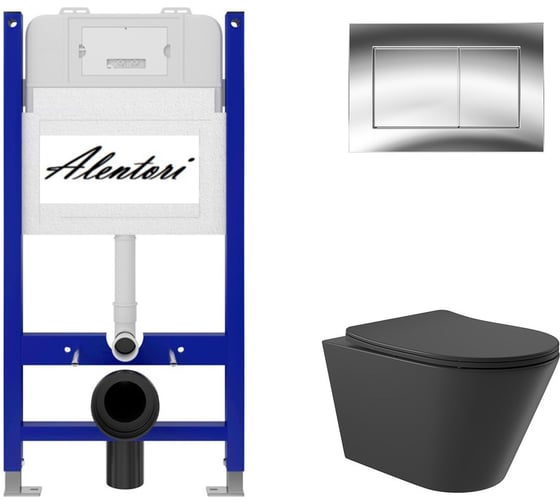 Изображение товара Комплект Alentori: инсталляция для унитаза SISTEMA 50 AL.SIS33T с клавишей смыва CHIAVE A, хром глянец AL.CHI012CH + унитаз 525x360 безободковый, Soft-Close, черный матовый, форма конус AL.SIS33TAL.CHI012CHC0140