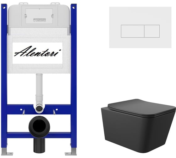 Изображение товара Комплект Alentori: инсталляция для унитаза SISTEMA 50 AL.SIS33T с клавишей смыва CHIAVE H, белый матовый AL.CHI018WM + унитаз 520x370 безободковый, Soft-Close, черный матовый, форма квадрат AL.SIS33TAL.CHI018WMQ0140