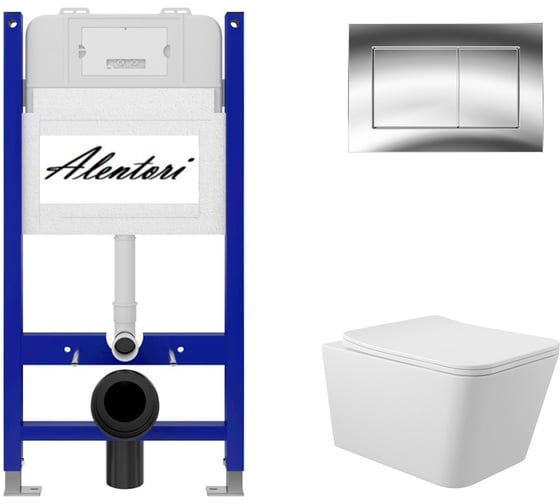 Изображение товара Комплект Alentori: инсталляция для унитаза SISTEMA 50 AL.SIS33T с клавишей смыва CHIAVE A, хром глянец AL.CHI012CH + унитаз 520x370 безободковый, Soft-Close, белый матовый, форма квадрат AL.SIS33TAL.CHI012CHQ0120