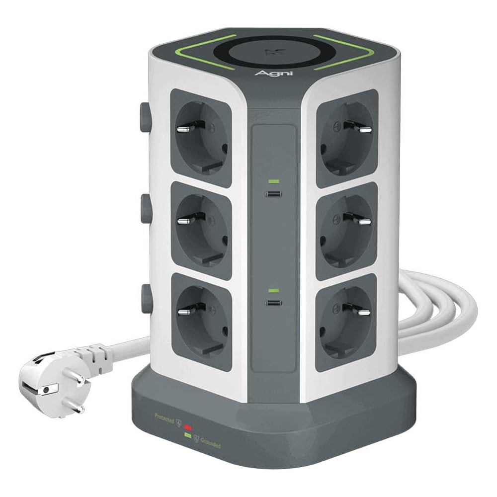 Изображение товара Настольный сетевой фильтр AGNI 12 розеток USB Type-C 2м бело-серый