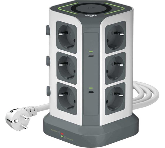 Изображение товара Сетевой фильтр настольный AGNI 12 розеток, 2м, быстра зарядка, серый+белый, 3USB-A 2USB-C TP-VG6U12E-C-W-2m-grey-white