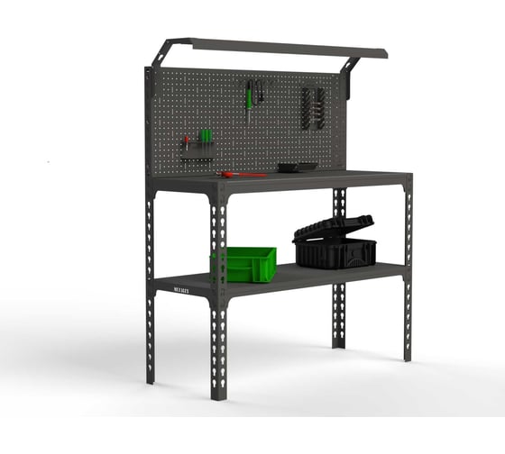 Изображение товара Стол-верстак ООО Металекс серия SUN 950x1800x600, одна полка + перфопанель с комплектом освещения, серый 117054
