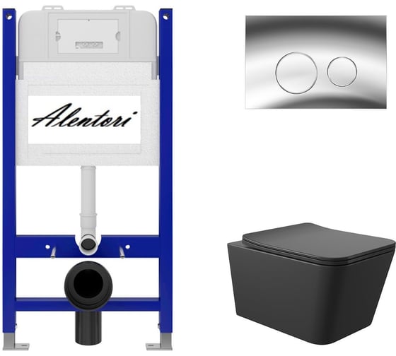 Изображение товара Комплект Alentori: инсталляция для унитаза SISTEMA 50 AL.SIS33T с клавишей смыва CHIAVE L, хром глянец AL.CHI102CH + унитаз 520x370 безободковый, Soft-Close, черный матовый, форма квадрат AL.SIS33TAL.CHI102CHQ0140