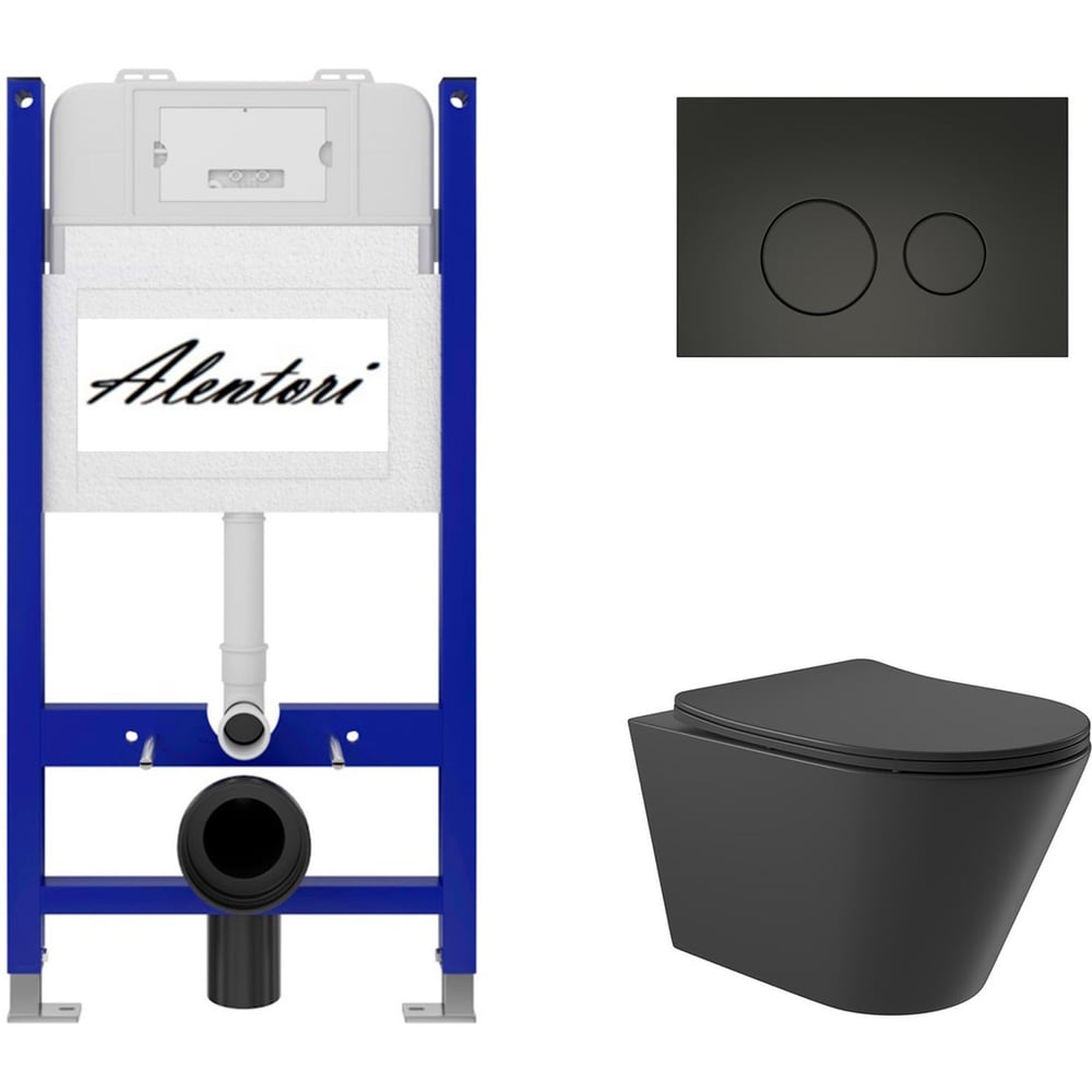 Изображение товара Комплект Alentori: инсталляция для унитаза SISTEMA 50 AL.SIS33T с клавишей смыва CHIAVE L, черный матовый AL.CHI103BM + унитаз 525x360 безободковый, Soft-Close, черный матовый, форма конус AL.SIS33TAL.CHI103BMC0140