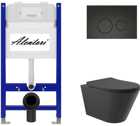 Изображение товара Комплект Alentori: инсталляция для унитаза SISTEMA 50 AL.SIS33T с клавишей смыва CHIAVE L, черный матовый AL.CHI103BM + унитаз 525x360 безободковый, Soft-Close, черный матовый, форма конус AL.SIS33TAL.CHI103BMC0140