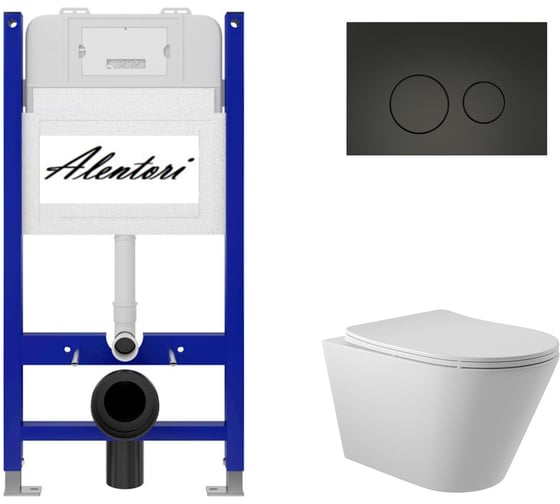 Изображение товара Комплект Alentori: инсталляция для унитаза SISTEMA 50 AL.SIS33T с клавишей смыва CHIAVE L, черный матовый AL.CHI103BM + унитаз 525x360 безободковый, Soft-Close, белый матовый, форма конус AL.SIS33TAL.CHI103BMC0120