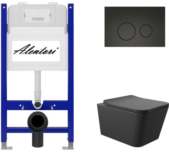 Изображение товара Комплект Alentori: инсталляция для унитаза SISTEMA 50 AL.SIS33T с клавишей смыва CHIAVE L, черный матовый AL.CHI103BM + унитаз 520x370 безободковый, Soft-Close, черный матовый, форма квадрат AL.SIS33TAL.CHI103BMQ0140