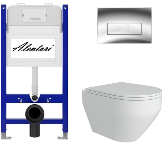 Изображение товара Комплект Alentori Инсталляция для унитаза SISTEMA 50 AL.SIS33T с клавишей CHIAVE H, хром глянец AL.CHI202CH + FLUIRE 208 Унитаз безободковый, быстросъёмное с микролифтом, белый AL.SIS33TAL.CHI202CHAL.FLU40208.W