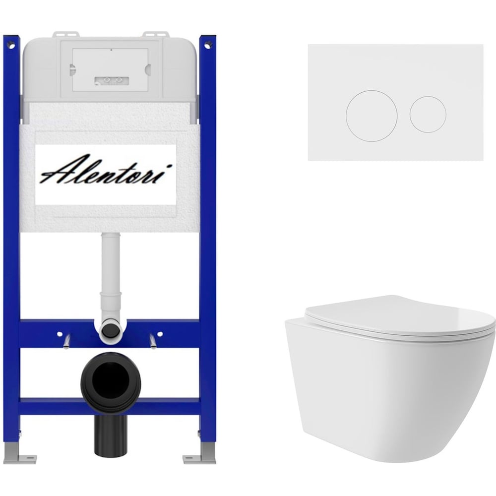 Изображение товара Комплект Alentori Инсталляция для унитаза SISTEMA 50 AL.SIS33T с клавишей CHIAVE L, белый мат AL.CHI019WM + Унитаз Long 520x365 безободковый, Vortex (Торнадо), Soft-Close, белый глян, овал AL.SIS33TAL.CHI019WMOV0210