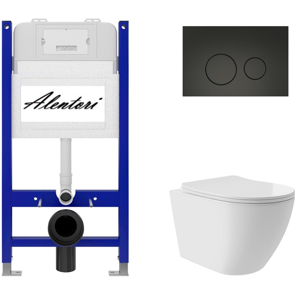 Изображение товара Комплект Alentori Инсталляция для унитаза SISTEMA 50 AL.SIS33T с клавишей CHIAVE L, черный мат AL.CHI103BM + Унитаз Long 520x365 безободковый, Vortex (Торнадо), Soft-Close, белый глян, овал AL.SIS33TAL.CHI103BMOV0210