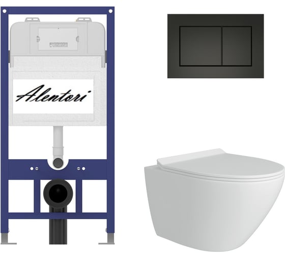 Изображение товара Комплект Alentori: инсталляция для унитаза SISTEMA 52 AL.SIS11T с клавишей CHIAVE A, черный матовый AL.CHI013BM + FLUIRE унитаз безободковый, быстросъёмное с микролифтом, белый глян AL.SIS11TAL.CHI013BMAL.FLU40106.W