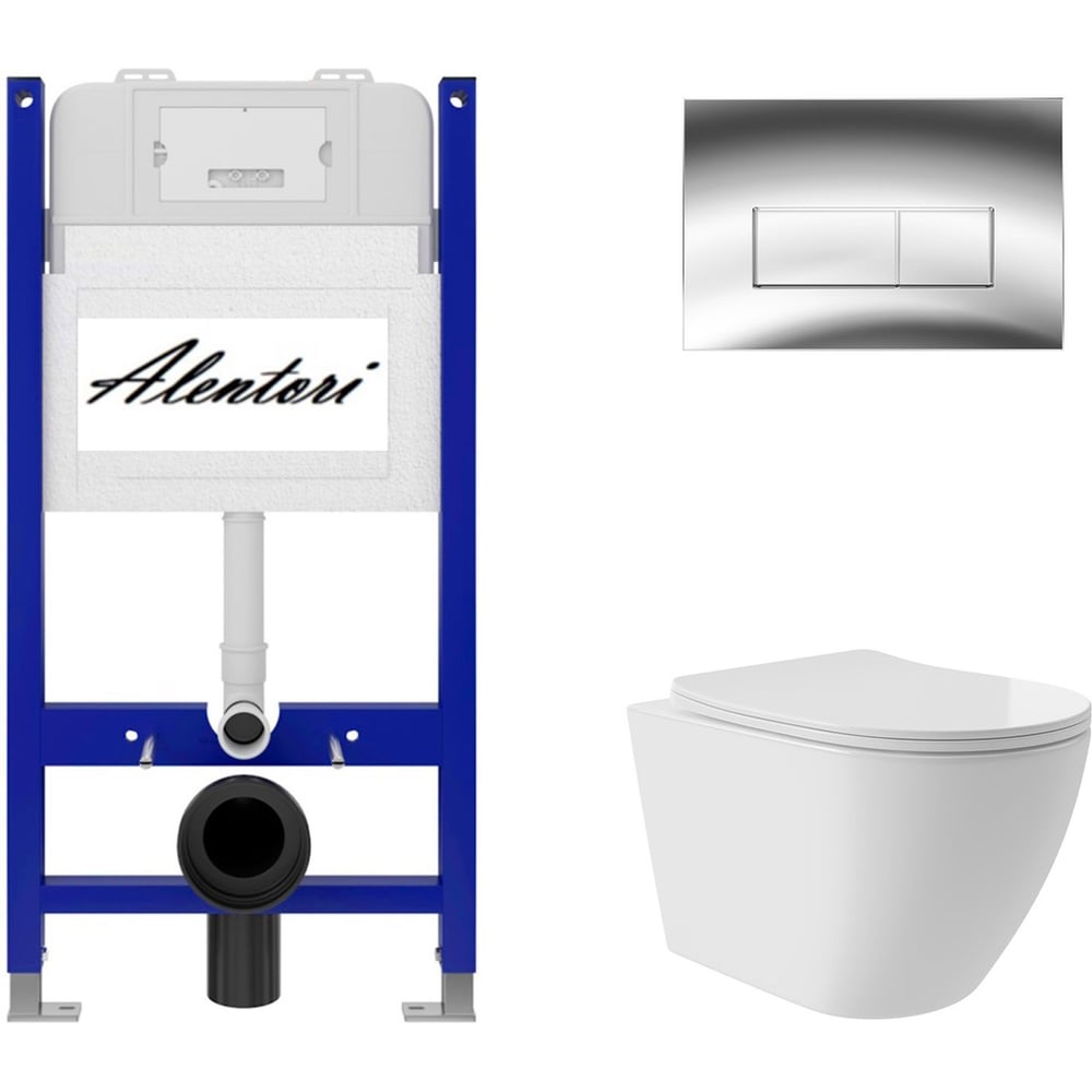 Изображение товара Комплект Alentori Инсталляция для унитаза SISTEMA 50 AL.SIS33T с клавишей CHIAVE H, хром глянец AL.CHI202CH + Унитаз Long 520x365 безободковый, Vortex (Торнадо), Soft-Close, белый глян, овал AL.SIS33TAL.CHI202CHOV0210